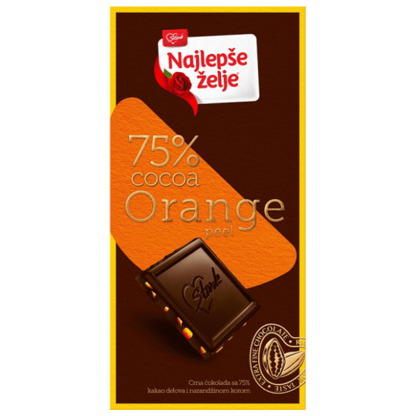 Crna čokolada NAJLEPŠE ŽELJE 75% kakao delova orange 75g 0