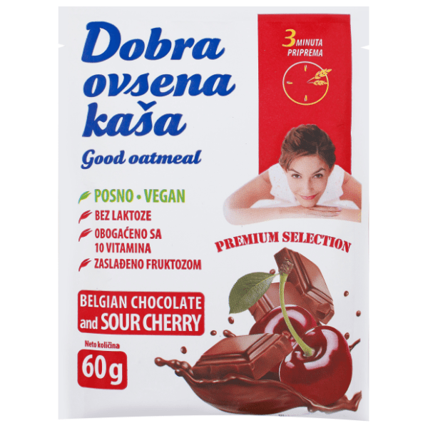 DOBRA OVSENA kaša belgijska čokolada kisela višnja 60g 0