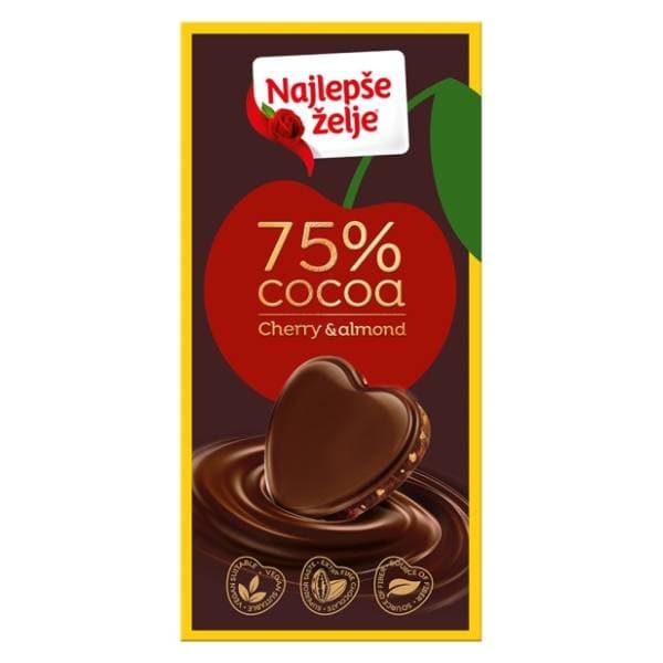 Crna čokolada NAJLEPŠE ŽELJE 75% kakao delova višnja i badem 75g 0