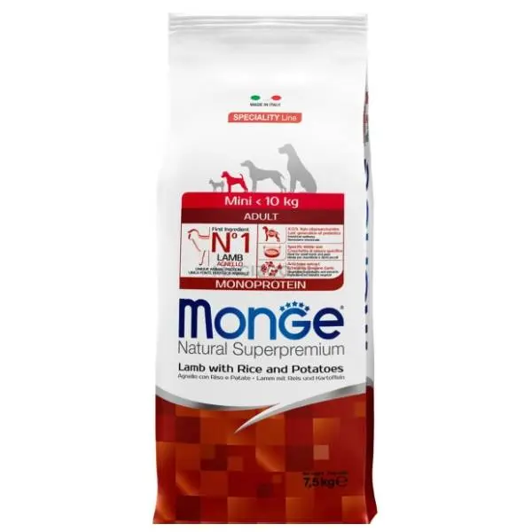 MONGE Mini adult hrana za pse jagnjetina pirinač 7,5kg 0