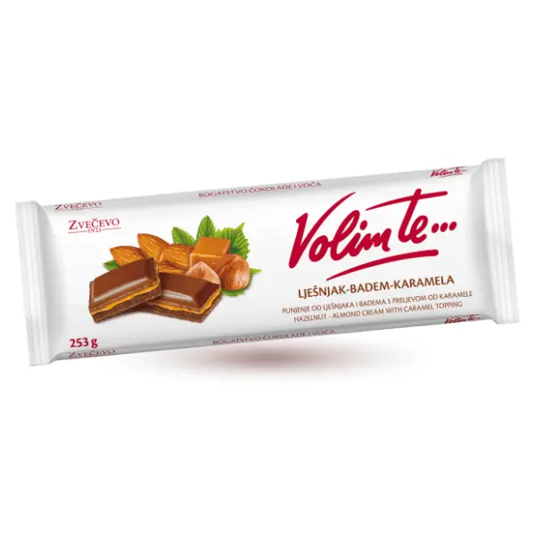 Čokolada VOLIM TE lešnik badem karamela 253g 0