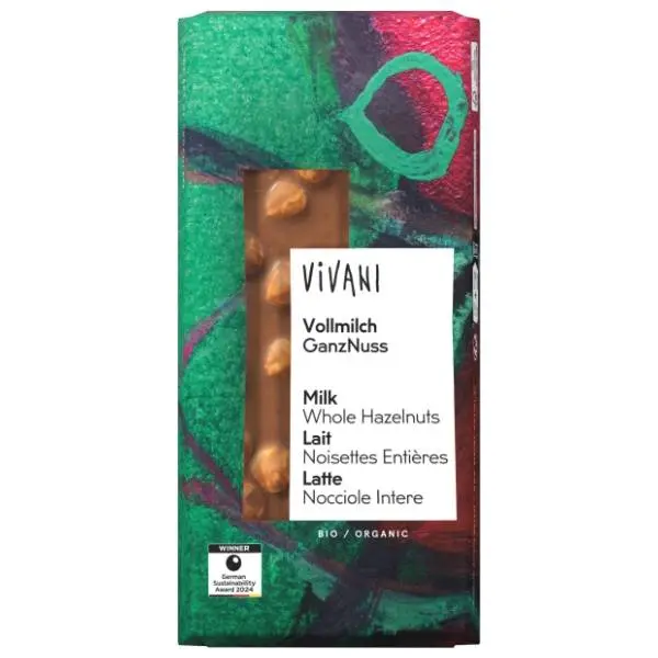 VIVANI mlečna čokolada celi lešnici 100g 0