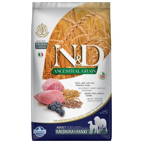 N&D Ancestral grain medium maxi adult jagnjetina borovnica 12kg 0