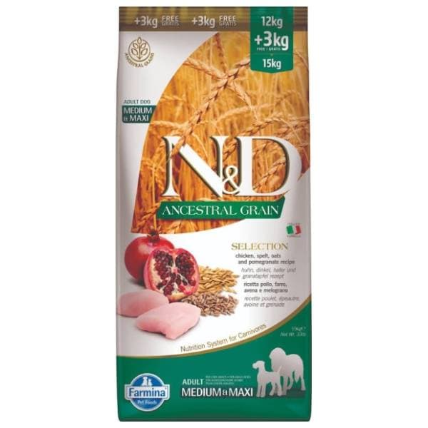 N&D Ancestral grain medium maxi adult piletina i nar 15kg 0