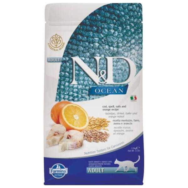 N&D Ocean hrana za odrasle mačke pomorandža i bakalar 1,5kg 0