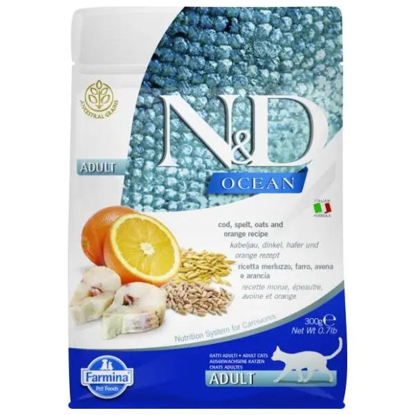N&D Ocean adult hrana za mačke pomorandža i bakalar 300g 0