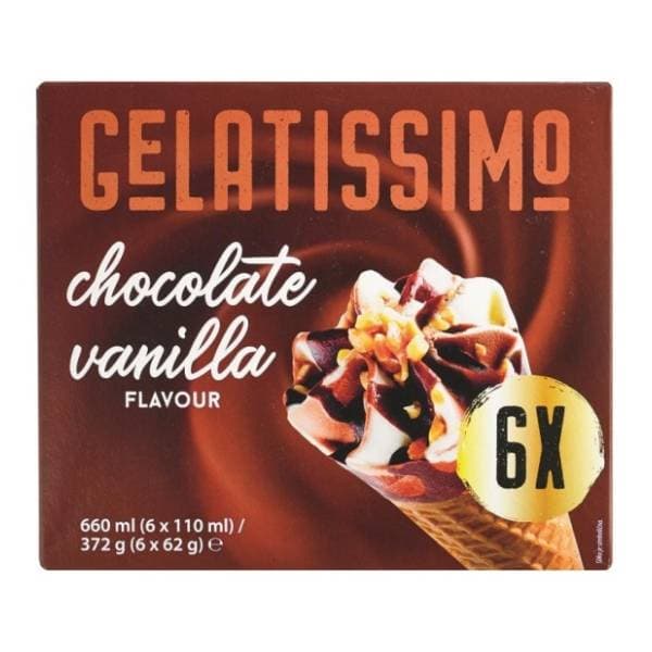 Sladoled GELATISSIMO čokolada vanila kornet 6x110ml 0