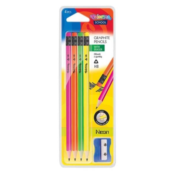 Grafitna olovka sa gumicom COLORINO neon 4kom + zarezač 0