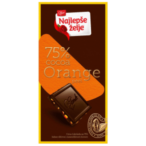 Crna čokolada NAJLEPŠE ŽELJE 75% kakao delova orange 75g slide slika