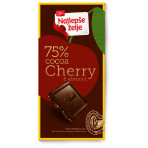 Crna čokolada NAJLEPŠE ŽELJE 75% kakao delova višnja i badem 75g slide slika