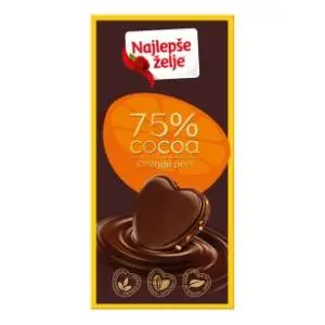 Crna čokolada NAJLEPŠE ŽELJE 75% kakao delova orange 75g slide slika