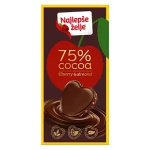 Crna čokolada NAJLEPŠE ŽELJE 75% kakao delova višnja i badem 75g slide slika